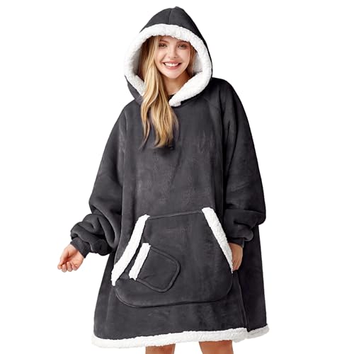 Giggling Getup Dark Gray Oversize Wearable Blanket Hoodie for Women & Men with Sherpa Fleece