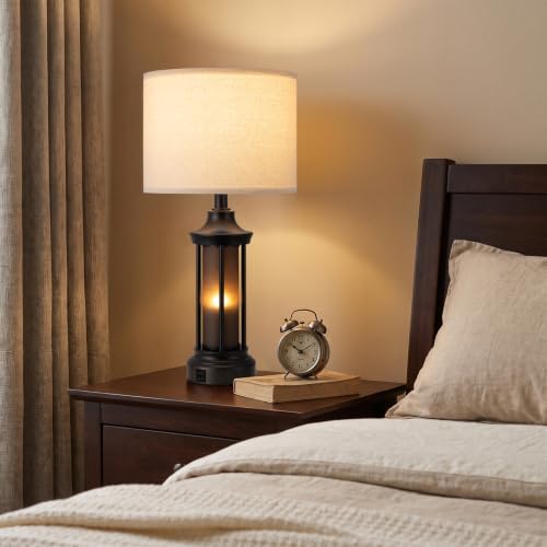 Seealle 24-inch Farmhouse & Industrial Table Lamps Set of 2 - Oat Shade & Black Base