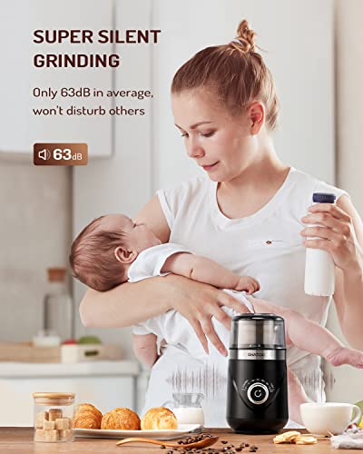Electric Coffee & Spice Grinder - Silent, Adjustable Coarse to Fine, 1 Removable Stainless Steel Bowl - Black, Variation: Black / 1 Bowl