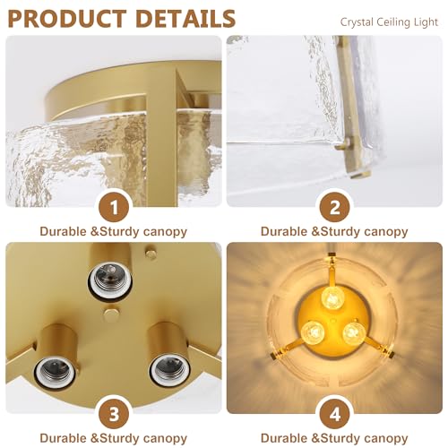 Xeruyiwa 15-Inch Gold Semi Flush Mount Ceiling Light - Dimmable 3-Light Drum Glass Fixture
