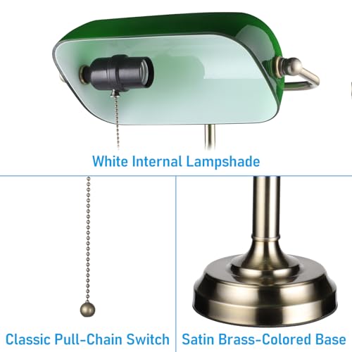 Green Glass Bankers Desk Lamp with Pull Chain - Retro E26 Table Light