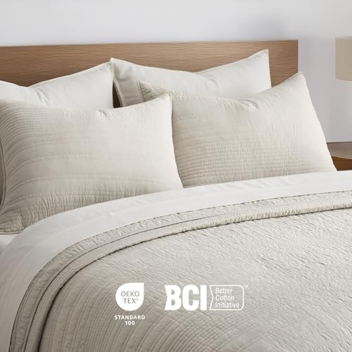 King Size Cotton Quilt Set Birch - Modern Lines Design, 100% Soft Breathable Bedding