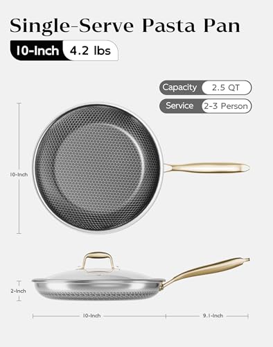 10-Inch Nonstick Frying Pan with Lid - Honeycomb Surface, PFAS-Free, All Cooktops - Gold