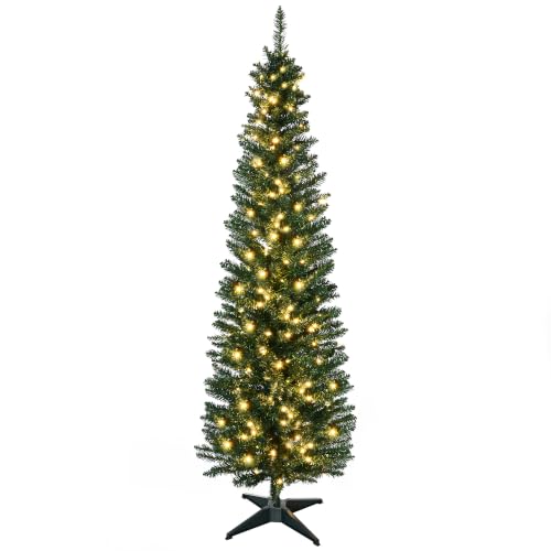 HOMCOM 7ft Pre-Lit Slim Artificial Christmas Tree with Warm White LED Lights