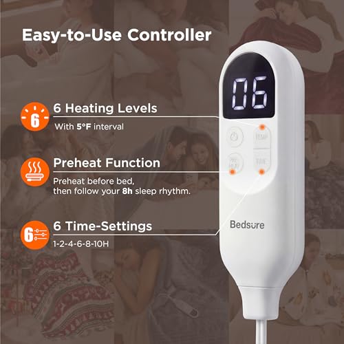 Full Size Heated Blanket - White, 6 Heat Levels & Auto Shut-Off, 72x84 inches, Fast Heating