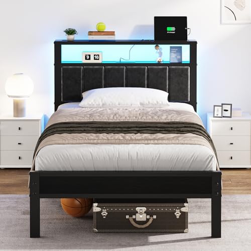OLEVS Black Twin Bed Frame with LED Lights & USB Outlets, Storage Headboard