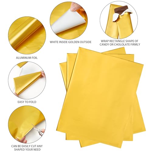 100Pcs Chocolate Candy Wrappers Aluminum Foil Candy Bar Wrappers with Thick Paper Backing Candy Wrapping Packing for Christmas Wedding Birthday Homemade Sweets 7.5 x 6.3 Inch(Gold)