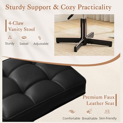 LUE BONA Adjustable Vanity Stool Black Upholstered Faux Leather Swivel Chair