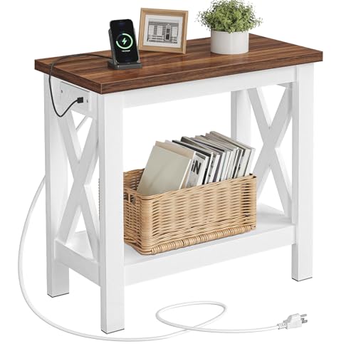 Narrow End Table with Charging Station - Farmhouse Side Table with Storage Shelves