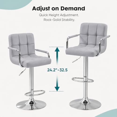 OLIXIS Grey Set of 2 Swivel Bar Stools with Armrest & PU Leather, Adjustable Height