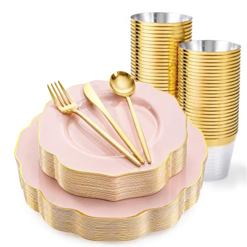 Pink and Gold Disposable Plastic Plates Set - 180 Pieces, Dinner & Dessert Includes Cutlery & Cups - Pink Gold