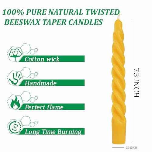 Beeswax Taper Candles, 7.3 inch Spiral Bees Wax Candlestick 4 Packs, Unscented Dripless and Smokeless, 4-5 Hours Long Burning for Home Decorations, Party, Dinner, Christmas