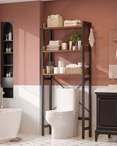 Ecoprsio Rustic Brown Over-The-Toilet Bathroom Storage Rack 3-Tier Organizer with Hooks