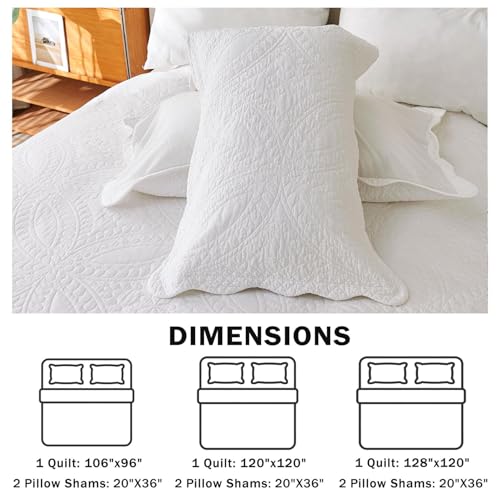 White Oversized King Cotton Quilt Set 128x120 Super King Bedding 3 Pieces
