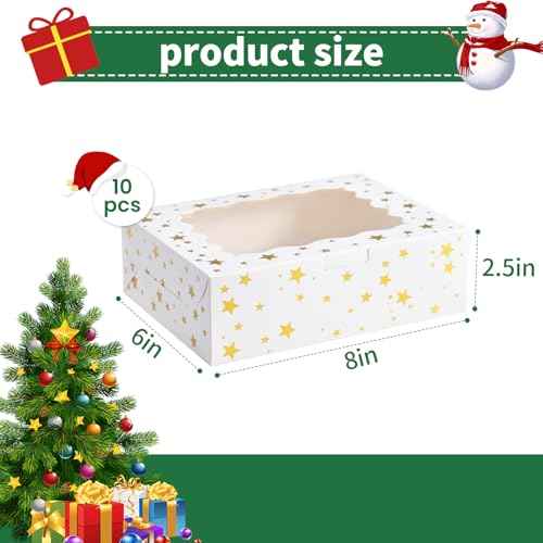 10pcs Christmas Cookie Boxes with Window£¬8x6x2.5in Bakery Boxes for Cookies, Xmas Gold Foil Star Treat Boxes for Gift Giving£¬Cookie Tins Pastry Dessert Cupcakes Candy Donut Packaging