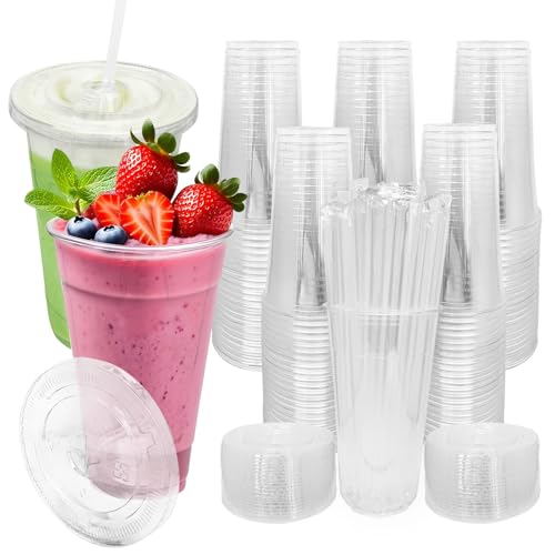 32 oz Disposable Plastic Cups with Lids & Straws - 100 Set for Cold Drinks & Takeout - Variation: 32.0 Ounces / 100