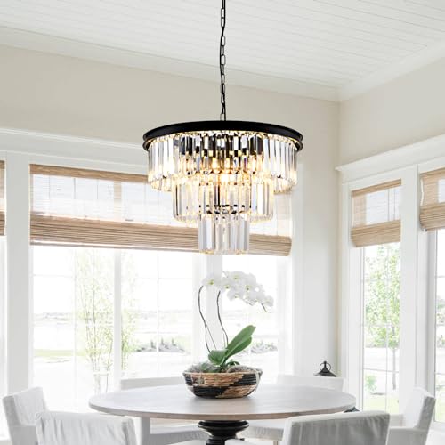 Black 20-Inch Modern Crystal Chandelier - 3-Tier Adjustable Pendant Light Fixture