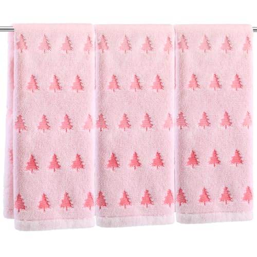 Hahafelt 3Pcs Pink Christmas Tree 100% Cotton Hand Towels – 13.4 x 30 in