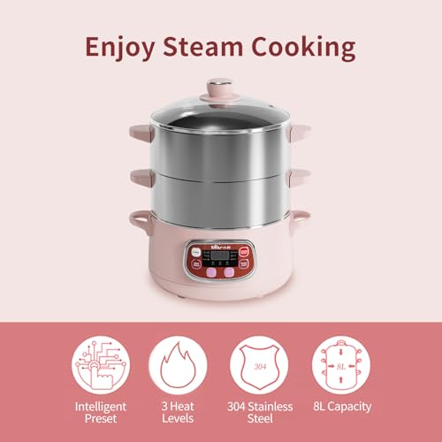 Bear 8.5 Quart Electric Food Steamer with 2-Tier Stainless Steel Baskets, Digital Timer & Auto Shut-Off