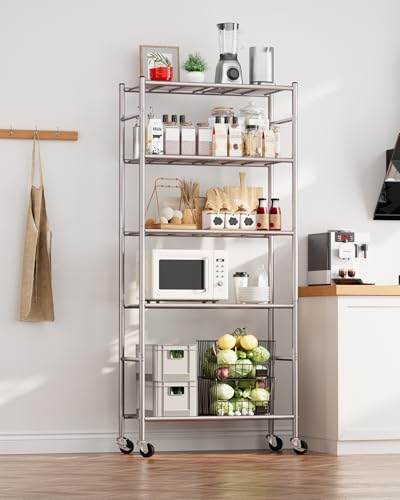 Sakugi 5-Tier Metal Storage Shelves with Wheels - Silver, 33.1 x 12.6 x 73.5 Inches