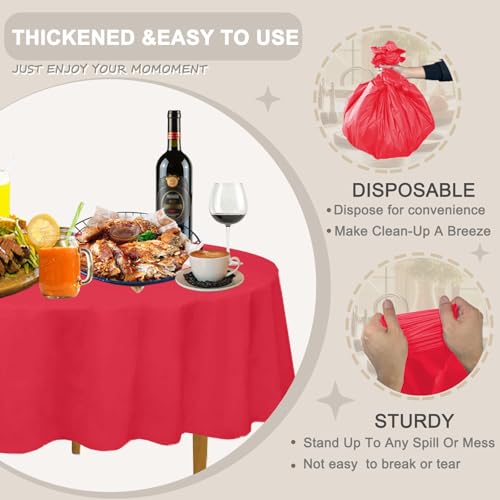 D&Z 12 Pack Red Round Disposable Plastic Tablecloth 84" - PEVA