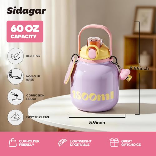 60 oz Insulated Water Bottle with Straw - Purple, Leak-Proof, Double Wall Vacuum