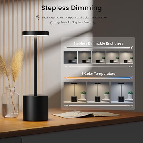 2 Pack Rechargeable LED Table Lamps - Portable Cordless Dimmable Light for Indoor & Outdoor Use - Black
