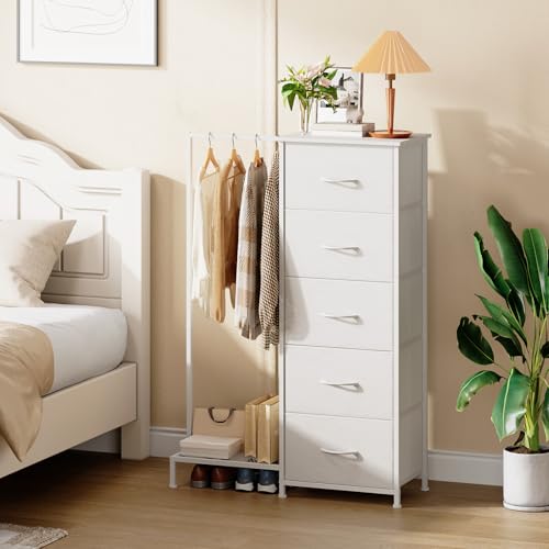 White Somdot 2-in-1 Dresser with Hanging Rack and 5 Drawers - Small Closet Organizer