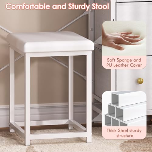 White 27.5 Inch Small Vanity Desk with Mirror & Stool, Compact Makeup Table for Girls & Teens - Space Saving