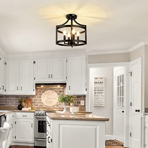 4-Light Farmhouse Chandelier Black Semi Flush Mount Ceiling Light - Adjustable Height, Rustic Style
