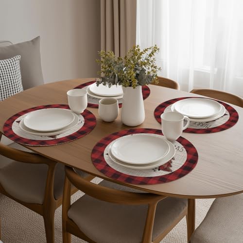 14-Inch Xmas Christmas Vinyl Round Placemats Set of 4 - Wipeable Winter Table Mats, Red