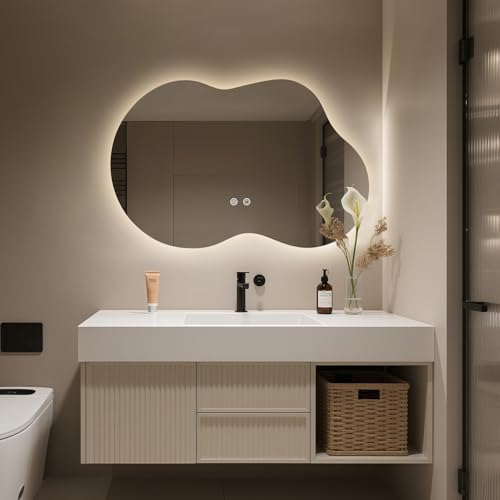 36x24 Inch WallBeyond Irregular LED Bathroom Mirror with Dimmable Lights, Anti-Fog, Dual Mounting
