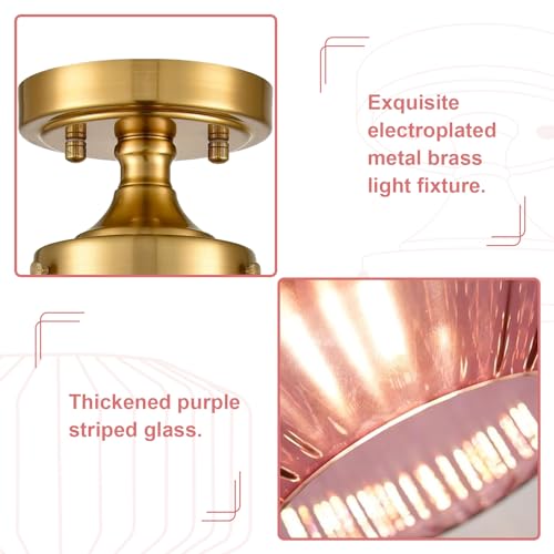 Purple Flush Mount Ceiling Light Fixture - 11.02 Inch Gold Industrial Lamp with Seeded Purple Glass Shade - Variation: Purple / 11.02 Inch