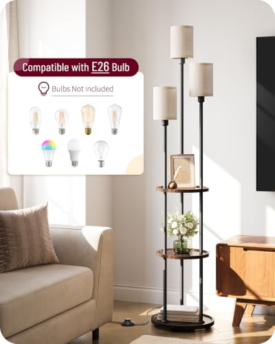 AZADESJET Walnut and Beige 66.1'' Modern Floor Lamp with Shelves & Linen Shades