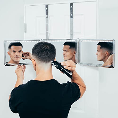 Self-Cut System 3-Way Mirror Heaven Lights - Portable 360-Degree Grooming Mirror with LED Lights, Chrome Glass, Adjustable Hooks, Foldable Design, Black