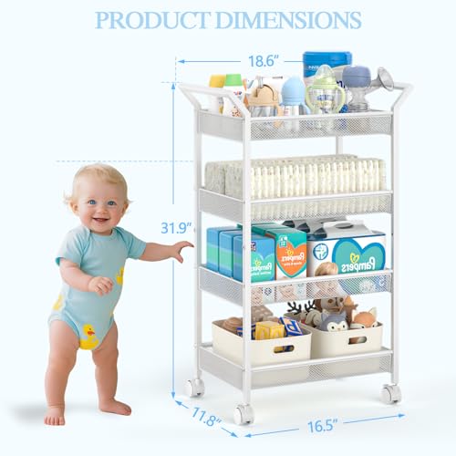 3IngSeagulls 4-Tier Baby Diaper Caddy Cart with Wheels - White, Variation 1