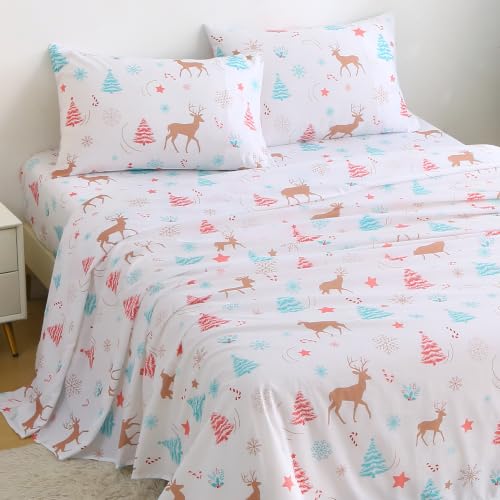 Kids Full Size Christmas Sheet Set White with Reindeer & Trees, Holiday Bedding