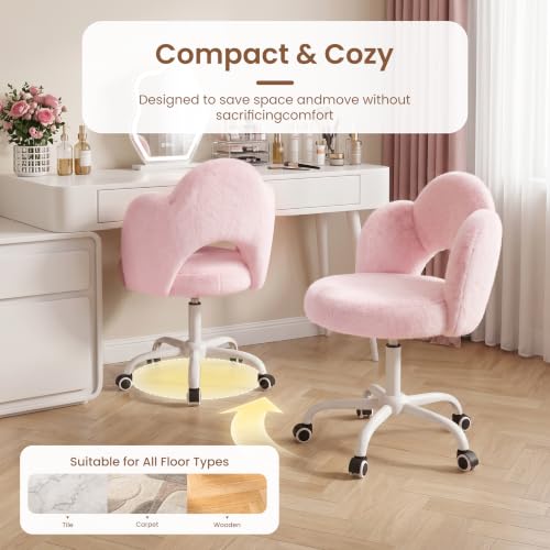 Pink Vanity Chair with Wheels, Faux Rabbit Fur Seat for Girls & Women