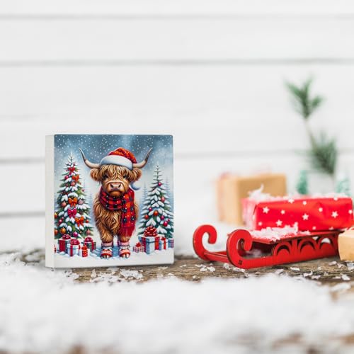 Nvotell Christmas Highland Cow Wooden Sign 5x5in - Western Highland Cow Box Sign, Christmas Cow Lovers Gift (Variation: Christmas Cow 07)
