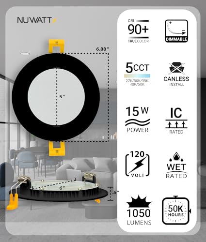 NUWATT 6 Inch Black Recessed LED Downlights with 5 CCT, Dimmable, Damp Rated, 6 Pack