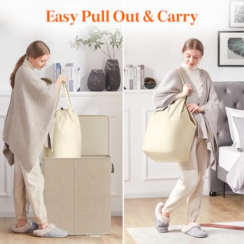 Lifewit Double Laundry Hamper with Lid and Removable Bags - Beige 155L