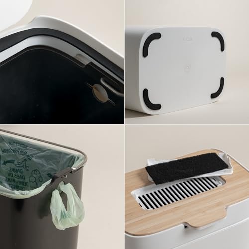 Countertop Compost Bin 'Elin' with Wooden Lid & Filter - 1.2 Gallon, Odor-Free, Dishwasher Safe, Bamboo Off-White