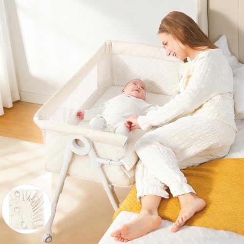 Baby Bassinet Bedside Sleeper with Crib Sheet & Wheels - Cream