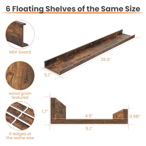 Floating Wall Shelves Set - Brown, 6 Pack, 35.5 Inch Length - Modern Wall Decor & Storage