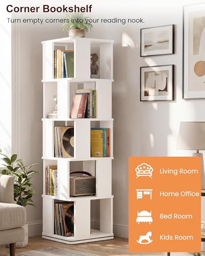 White 5-Tier Rotating Bookshelf Tower, 360° Spinning Book Shelf
