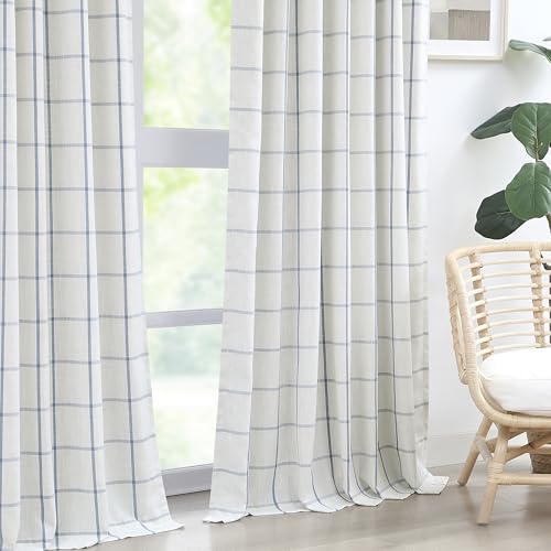 Cornflower Blue Plaid Linen Blackout Curtains 40x108 Pack of 2 - Thermal Insulated, Pinch Pleated Room Darkening Drapes