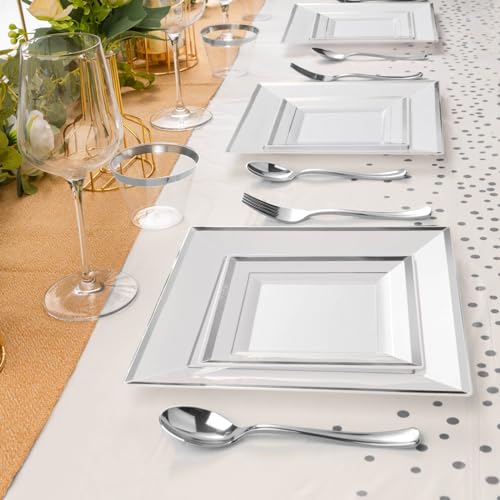 Silver Square Plastic Plates Set for 50 Guests - Elegant Disposable Dinnerware