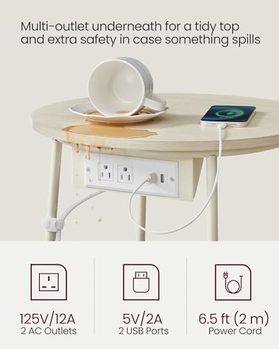 VASAGLE Cream White Round End Table with Charging Station & Fabric Basket