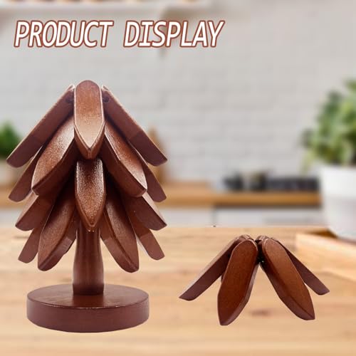 ALIKITCN Walnut Wood Christmas Tree Trivet Set – 4 Foldable Wooden Hot Dish Stands