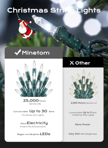 Minetom White LED Christmas String Lights 100 Count 20ft Indoor/Outdoor Decor